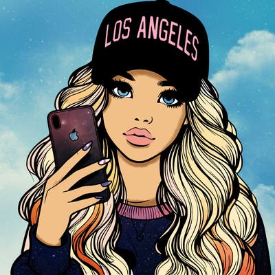 realistic beautiful girl wearing los ángeles cap holding an iphone