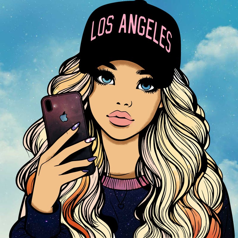 realistic beautiful girl wearing los ángeles cap holding an iphone