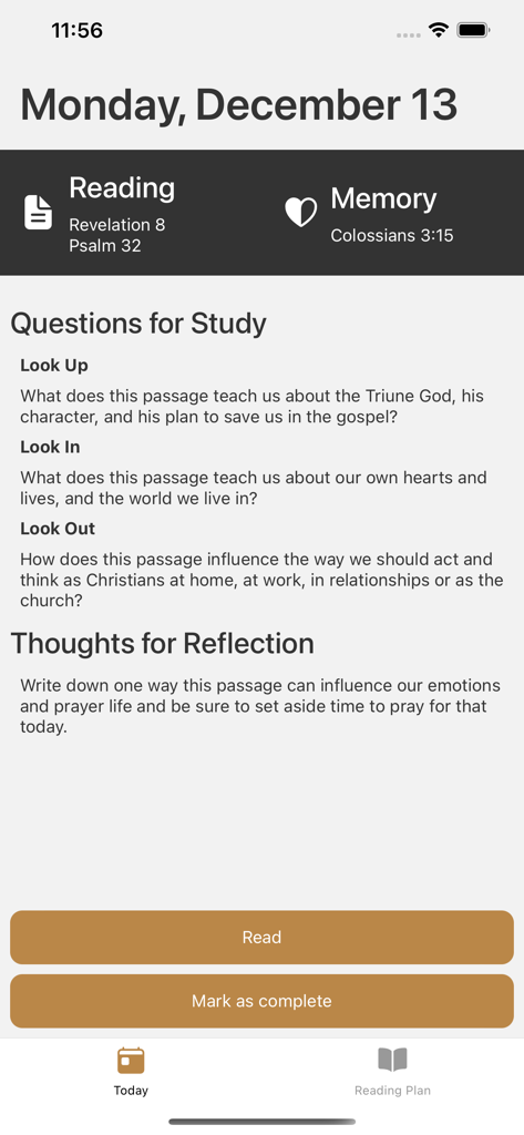 Plan de lectura diario y preguntas de estudio en la aplicación bíblica Sovereign Hope