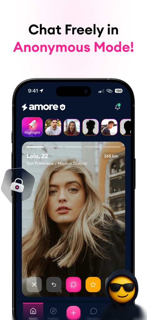 Display smartphone dell'app Amore con modalità di chat anonima e interfaccia di abbinamento utenti