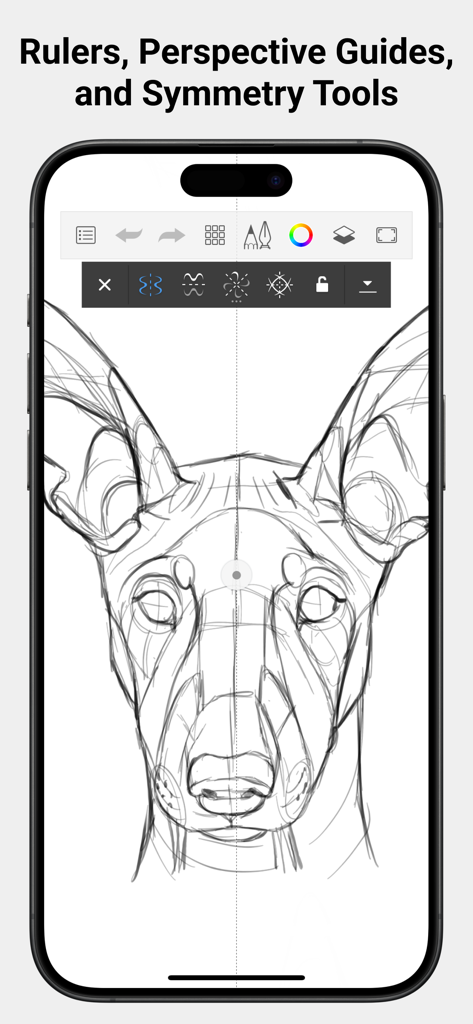 Eine digitale Skizze eines Hundegesichts, die mit Symmetrie-Werkzeugen in der Sketchbook-App-Oberfläche erstellt wird.
