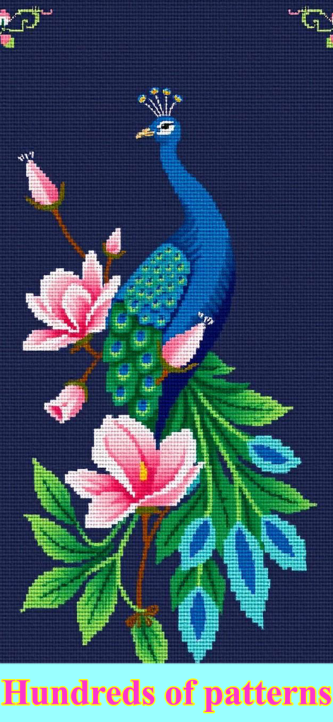 Cross Stitch Color by Number - A colorful peacock cross-stitch embroidery pattern with pink flowers on a dark background