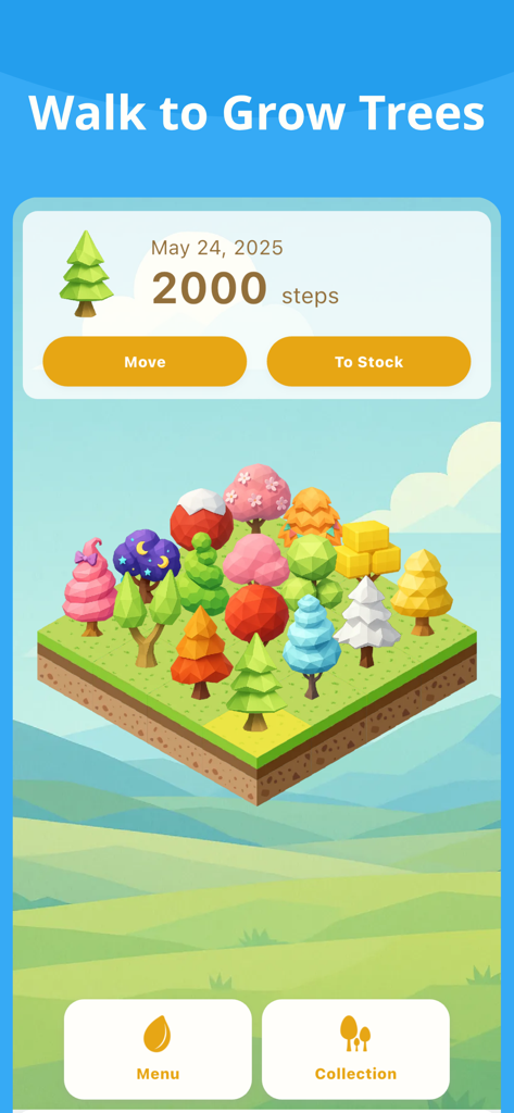 Oberfläche der Schrittzähler-App mit einem virtuellen Wald mit bunten 3D-Bäumen, die durch Gehen von Schritten gewachsen sind.