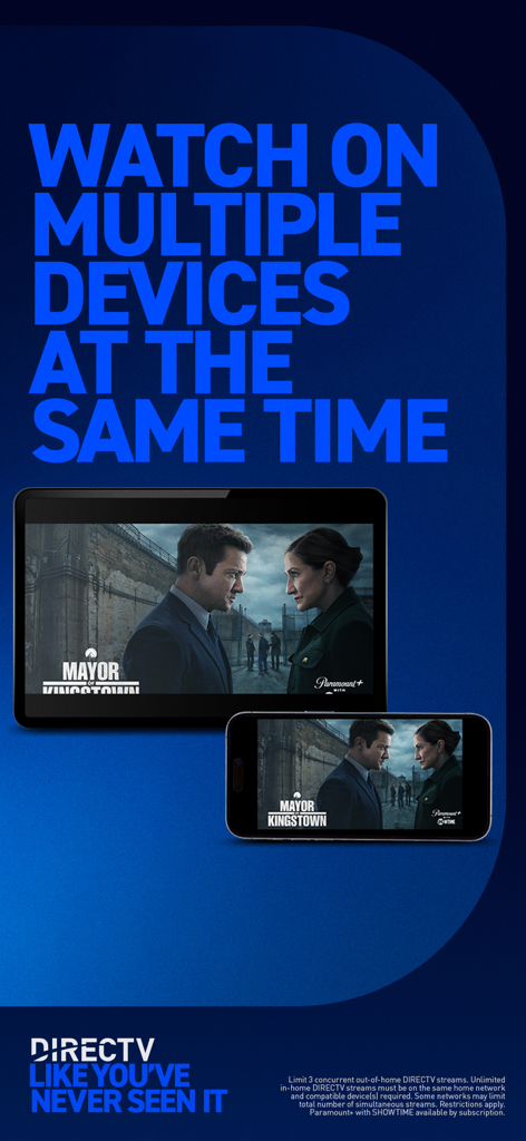 A promotional graphic for the DIRECTV app showing a show streaming on both a tablet and a smartphone simultaneously