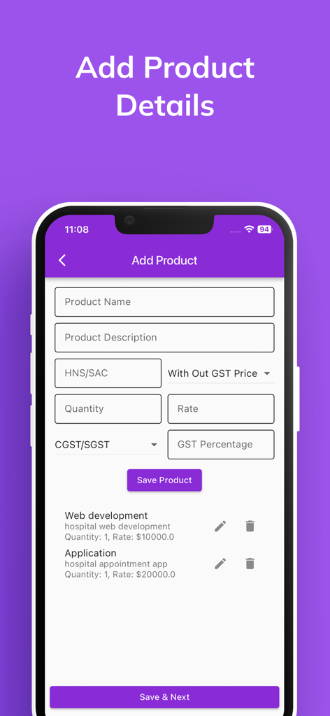 プロフェッショナルな請求書に製品の詳細とGST計算を追加するためのモバイルアプリ画面