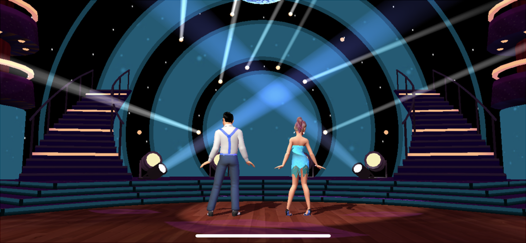 Dancing with the Stars : Game - Un danseur et une danseuse se tenant sur une scène de bal de danse très éclairée avec des projecteurs dans le jeu Danse avec les stars.