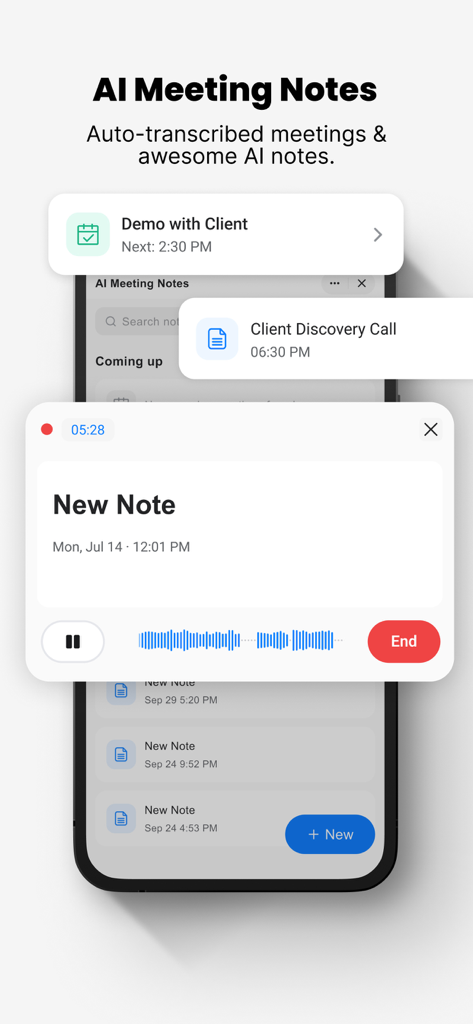 Genspark AI Workspaceのモバイルアプリ画面。自動文字起こしと会議スケジュールが表示されたAI会議ノート機能を示しています。