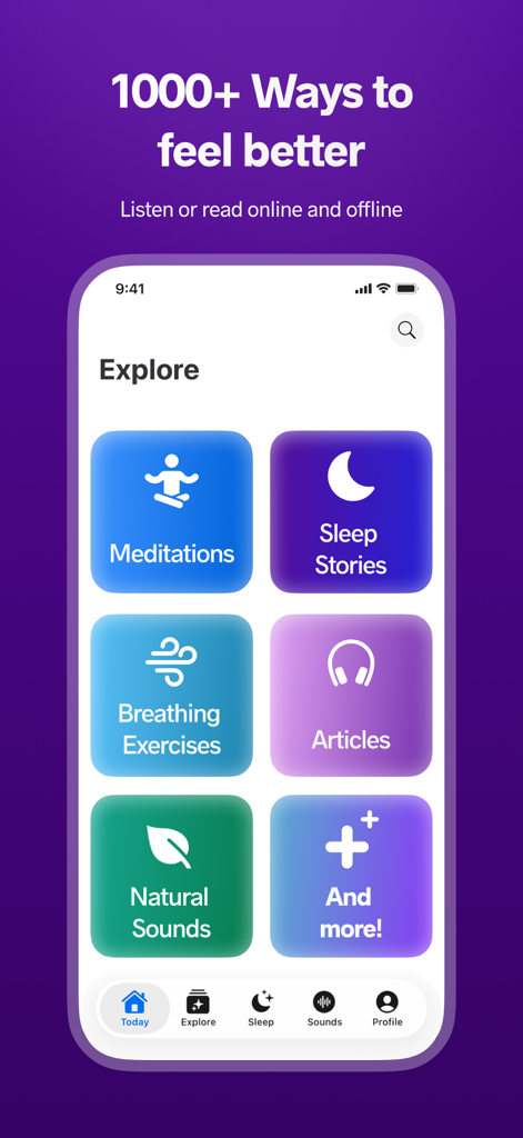 Meditopia: Sleep, Meditation - Entdecken-Bildschirm der Meditopia-App mit Kategorien für Meditationen, Schlafgeschichten, Atemübungen und Naturklängen.