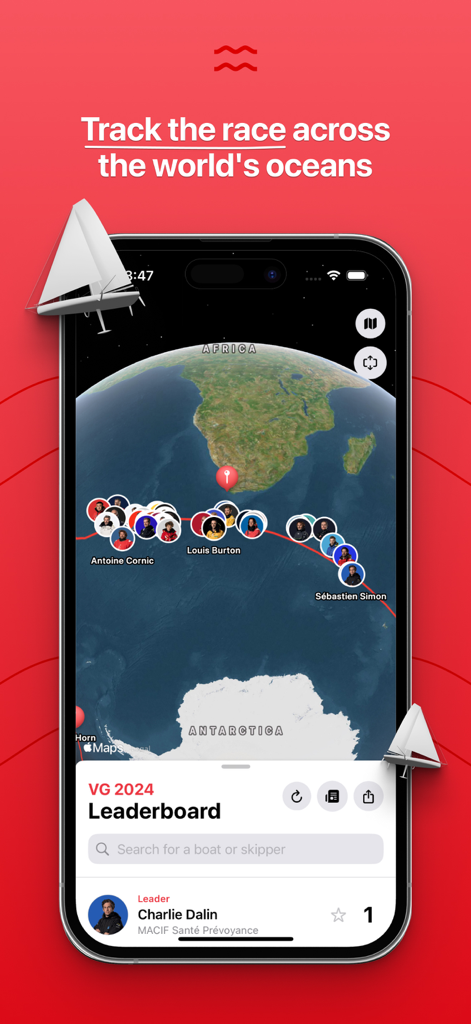 Vendée Live - Vendee Live sailing race tracker app showing boat positions on a map and leaderboard