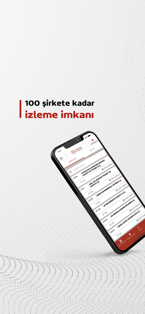 KAP Mobil - A smartphone displaying the KAP Mobil app watchlist feature showing a list of Turkish companies to follow.