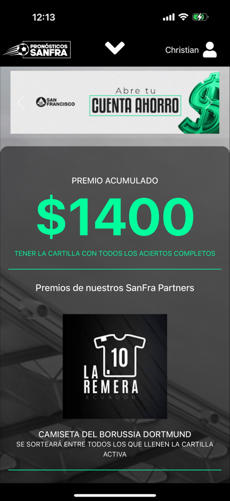 Ponósticos SanFra - Page des récompenses de l'application Pronosticos SanFra montrant un prix de 1400 dollars et un tirage au sort de maillots de football.