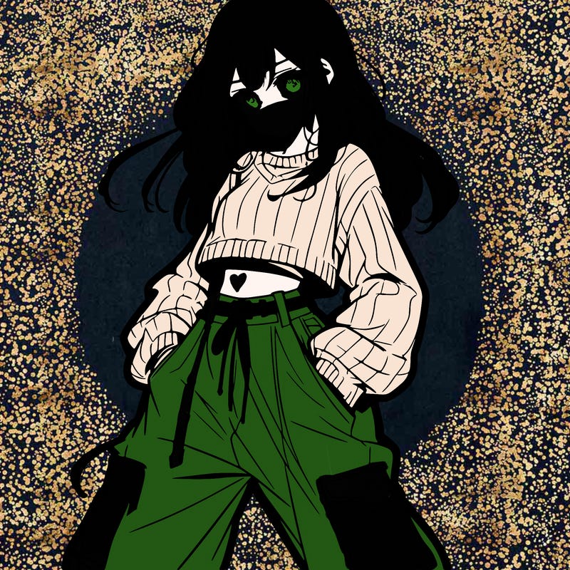 anime teen girl with baggy pants and crop top with sweater