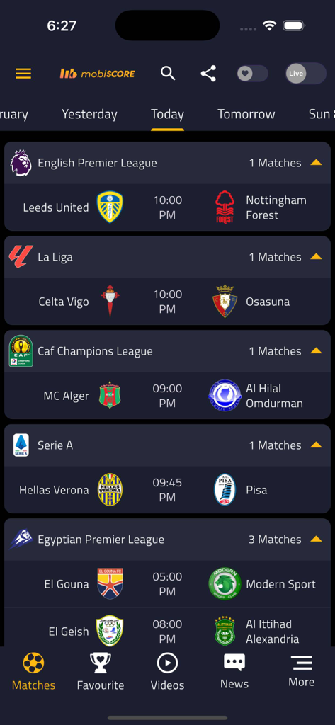 mobiSCORE Today Match Table - MobiSCORE app screen showing a list of today's soccer matches with team logos and kickoff times for various global leagues