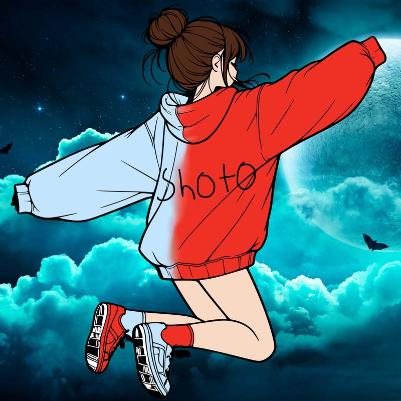 realistic girl jumping with a bun and oversized sweatshirt