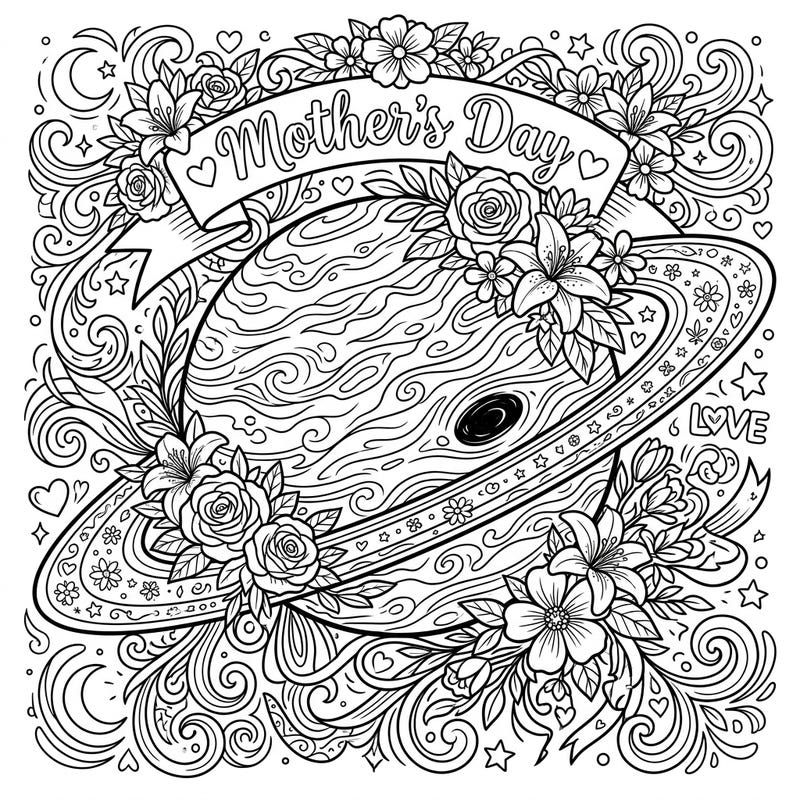 Journey to the stars this Mother's Day with a captivating coloring page showcasing the distant planet Neptune, beautifully intertwined with lush floral bouquets and heartfelt symbols. This unique design offers a mindful and creative way to celebrate the extraordinary mothers in your life.