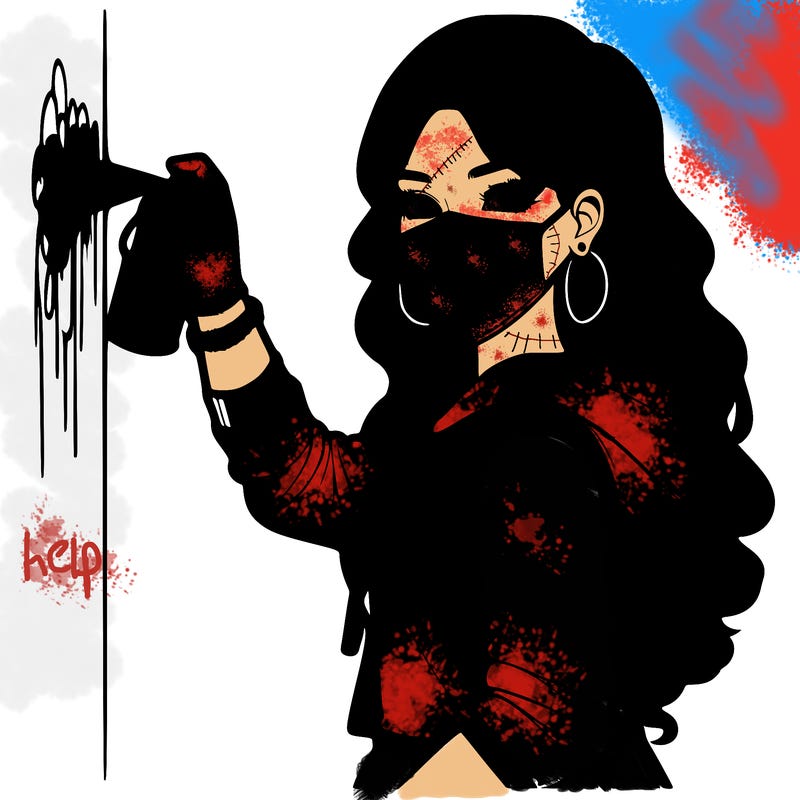 realistic girl with mask spray painting a wall