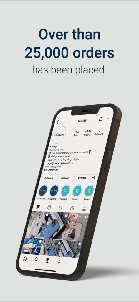 CatchyJo - Smartphone showing the CatchyJo Instagram profile and a milestone text of over 25000 orders.