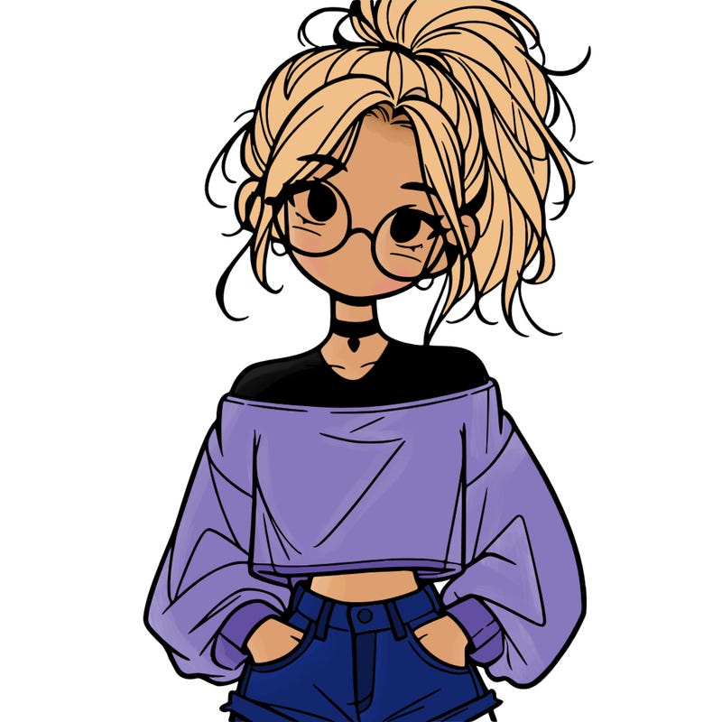 girl with a messy ponytail glasses a baggy crop top and jean shorts