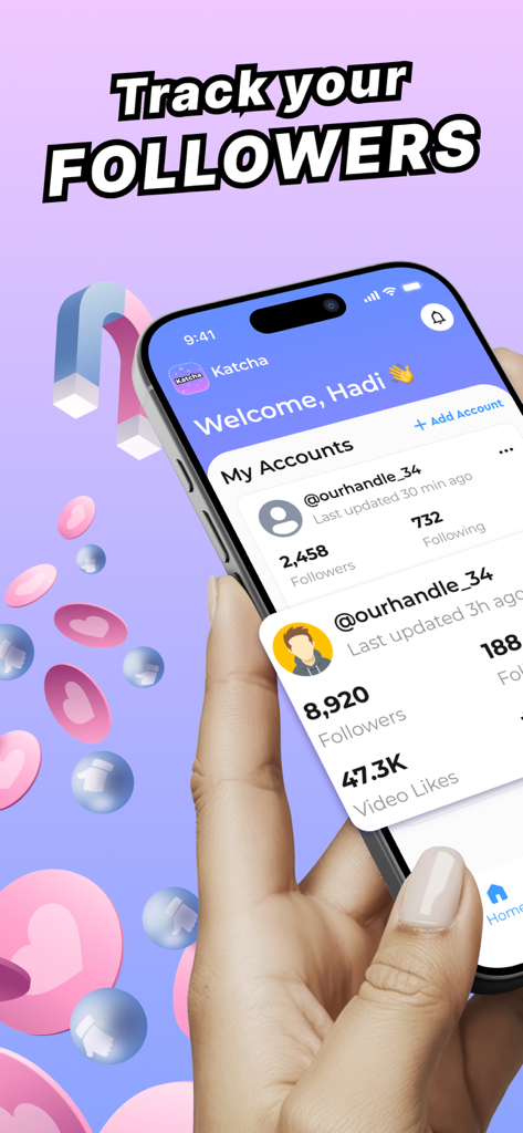 Katcha : social media tracker - Smartphone displaying the Katcha app interface with follower growth metrics for multiple social media accounts.
