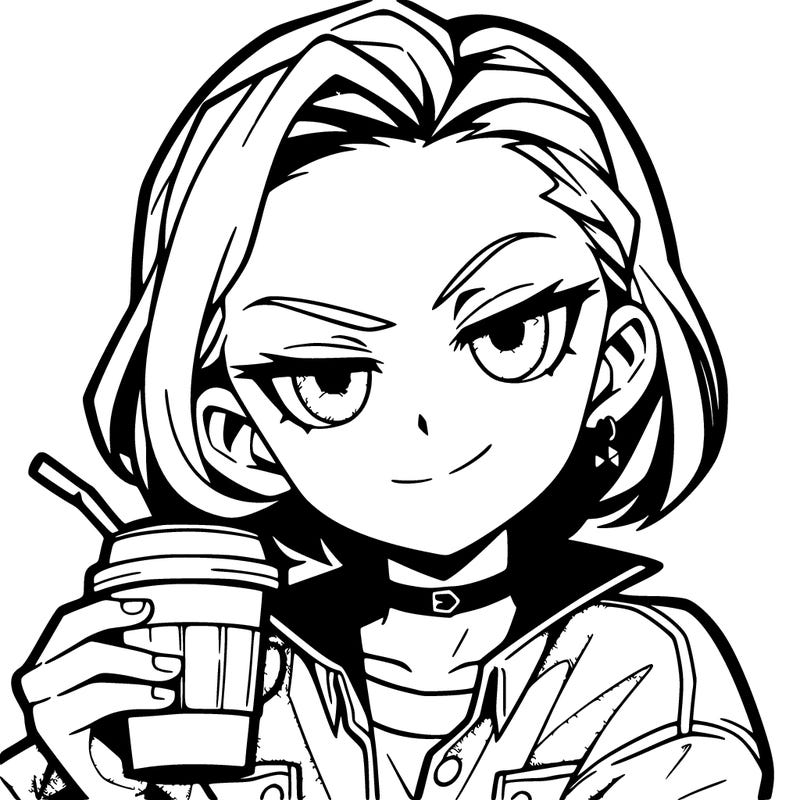 an anime baddie girl with one eyebrow arched,she is smirking and is holding a cup of coffee, she is also wearing a jean jacket a small black choker