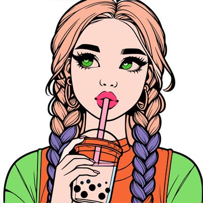 realistic girl with braided hair drinking boba