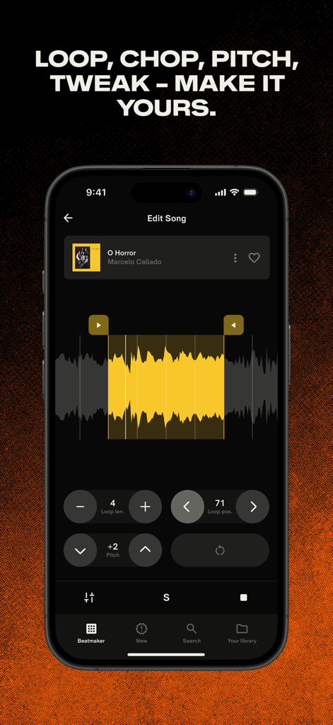 A mobile interface for the Tracklib app showing a song waveform with controls for loop length, loop position, and pitch adjustment.