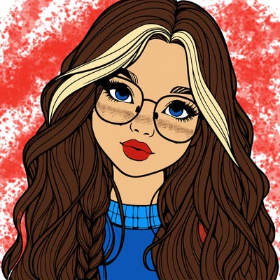 girl with long hair and freckles and glasses realistic