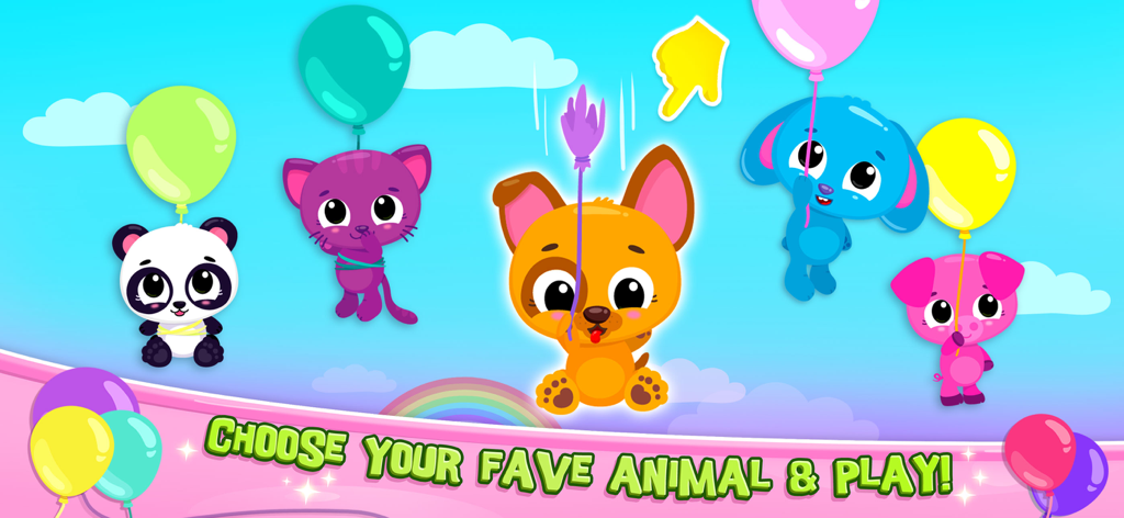 Five cute animal characters including a panda cat dog bunny and pig floating with colorful balloons in the sky