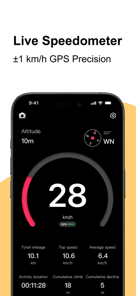 Capture d'écran de l'application Compass360X montrant un compteur de vitesse GPS en direct avec des données de vitesse, d'altitude et de suivi d'activité.
