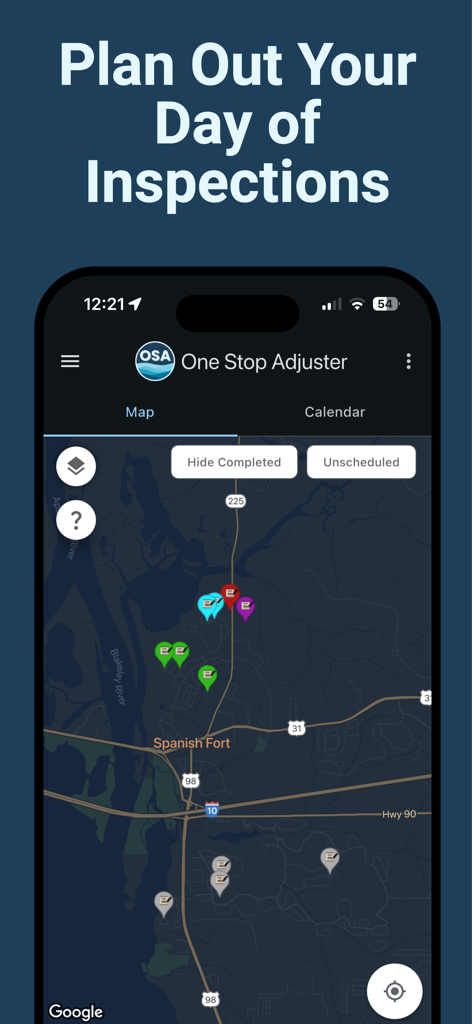 Map view in the One Stop Adjuster app showing inspection locations for catastrophe adjusters to plan their day.