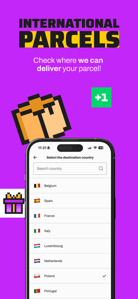 InPost Mobile - InPost Mobile app screen showing the international parcel destination country selection with a list of European countries