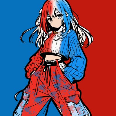 anime teen girl with baggy pants and crop top with sweater