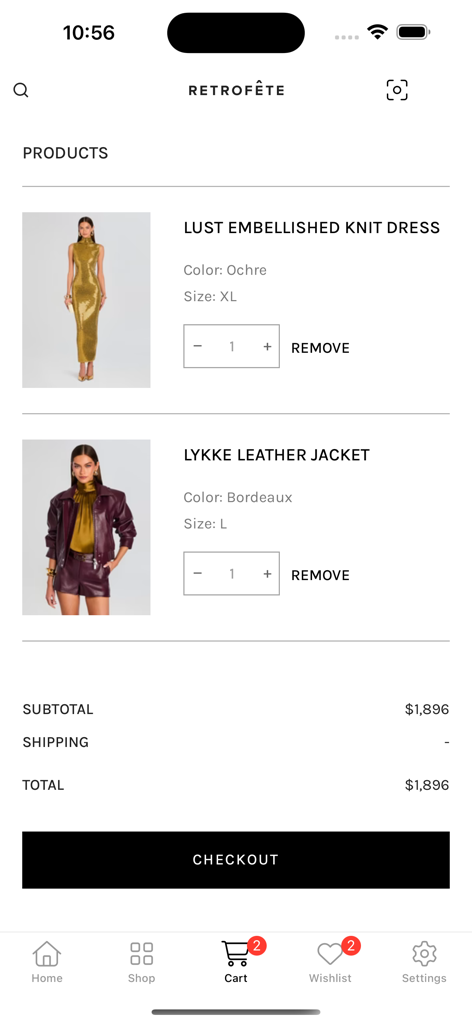 Shopping cart in the Retrofete app showing selected luxury clothing items and a checkout button