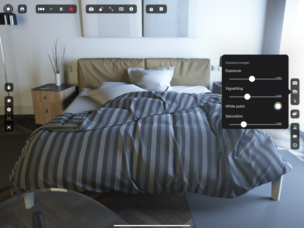 Octane Xでの寝室の建築3Dレンダリング、画面にはカメライメージャー設定が表示されています。