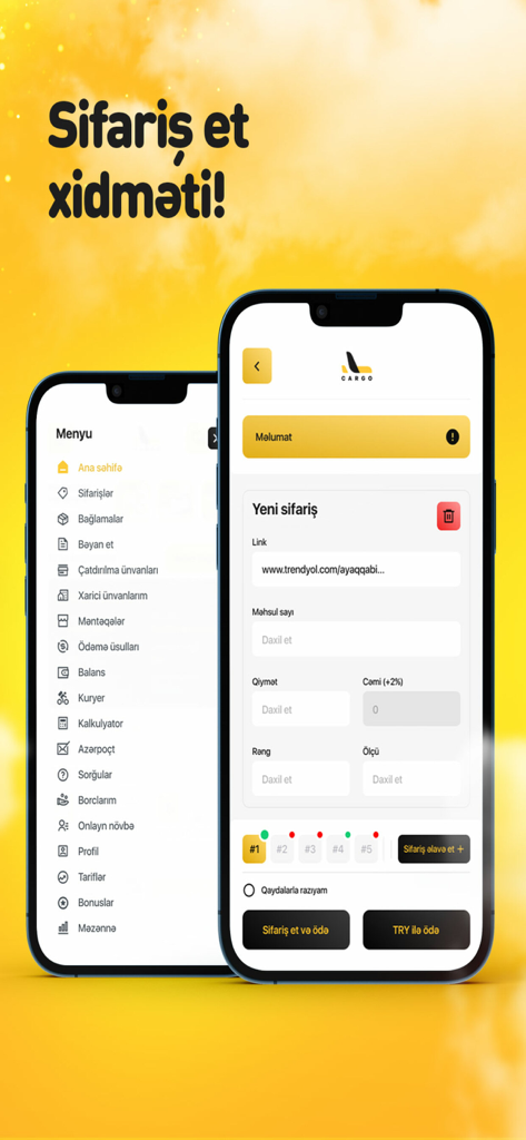Zwei iPhone-Bildschirme, die das 166Cargo App-Menü und ein neues Bestellformular für den internationalen Versand zeigen.