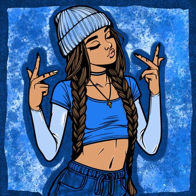 realistic teenage girl with braids and a beanie and crop top doing 🫶🏼