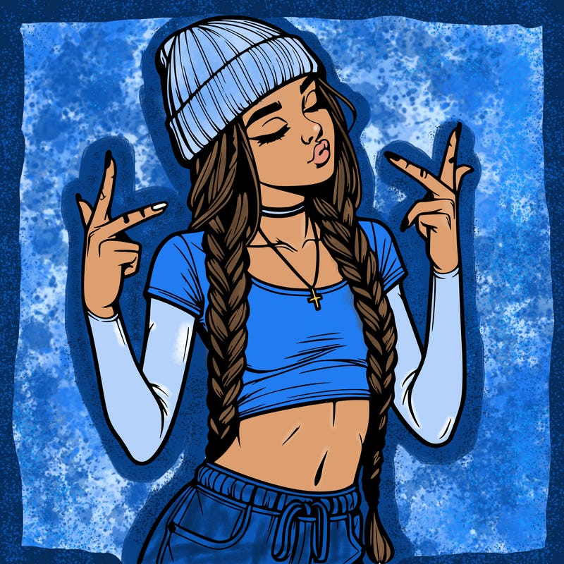 realistic teenage girl with braids and a beanie and crop top doing 🫶🏼