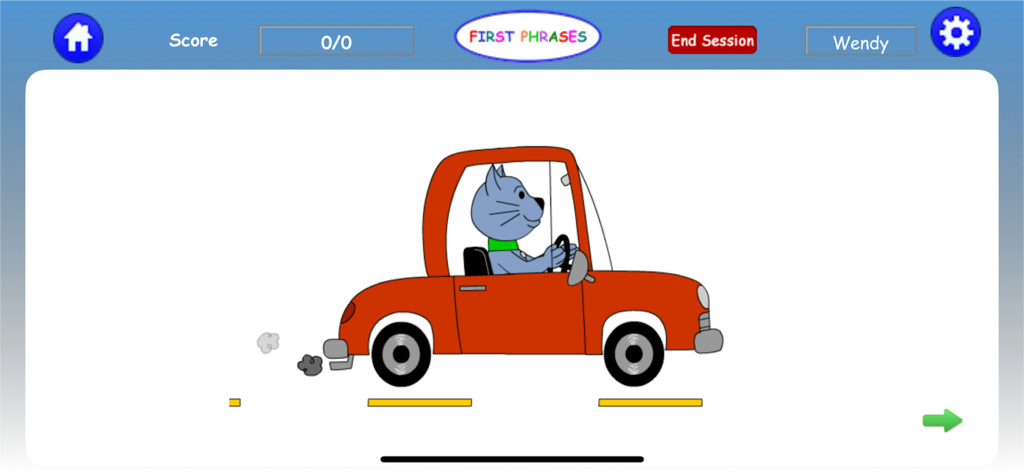First Phrases HD - An animated blue cat character driving a red car within the First Phrases HD app interface.