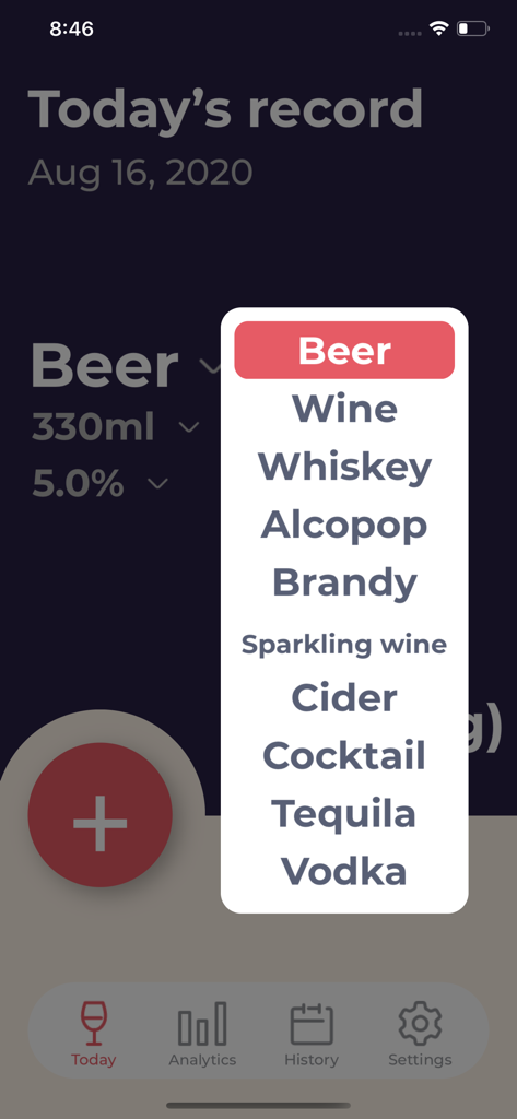 Drinking Log - Selection menu for different types of alcohol in the Drinking Log app