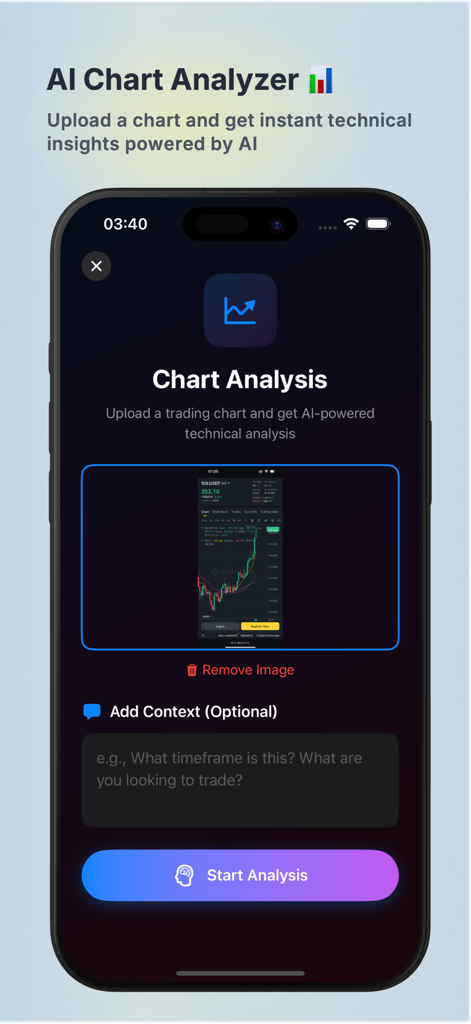 AI Trade Advisor - AI Trade Advisor app screen displaying the AI Chart Analyzer feature with an uploaded candlestick trading chart for technical analysis.
