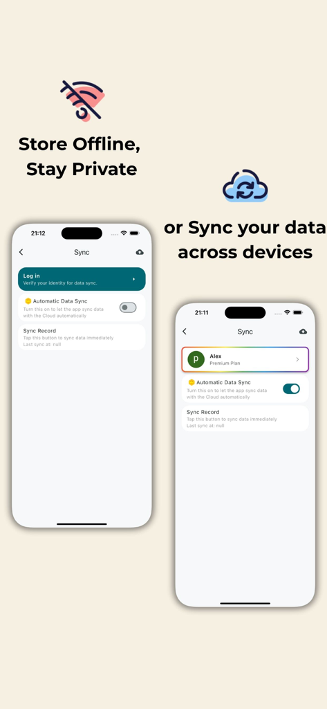 NoteMoney app interface for offline data storage and cross device synchronization settings
