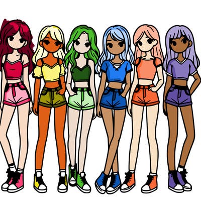 a group of girls wearing crop tops and shorts
