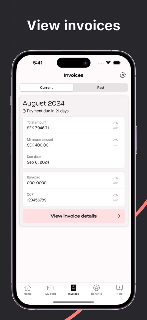 Spendwise - Mobile interface of Spendwise app showing monthly invoice summary and payment due date