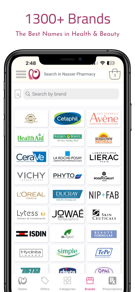 Nasser Pharmacy - Nasser Pharmacy mobile app screen showing a grid of over 1300 health and beauty brand logos like Cetaphil and CeraVe