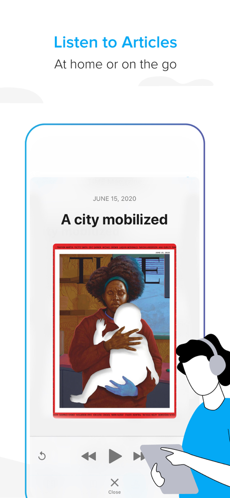 ZINIO - Magazine Newsstand - Zinioアプリのインターフェース。オーディオ再生コントロール付きの記事を聴く機能が表示されています。