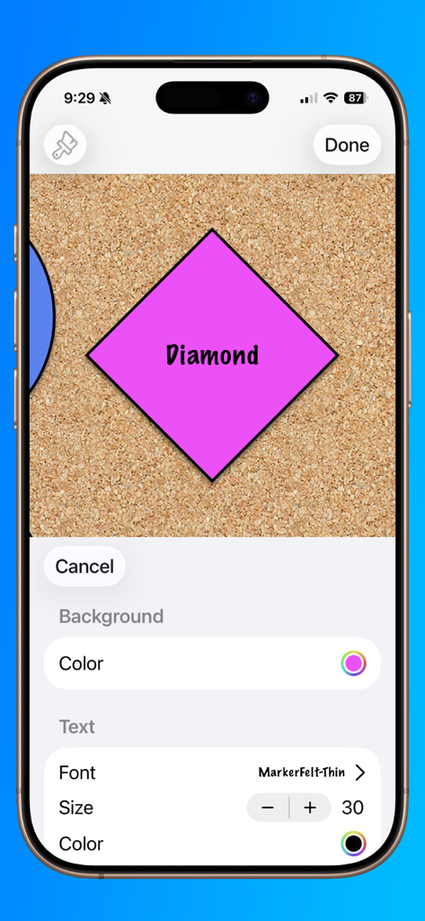 Corkulous - Your Ideas - Customizing a pink diamond shape with text on a digital corkboard in the Corkulous app