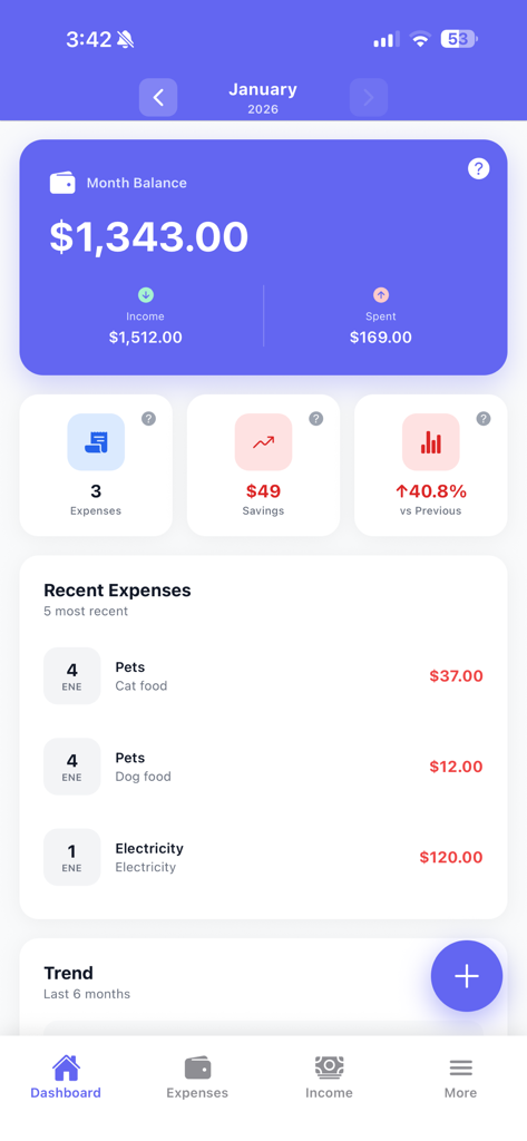 Money Track AI mobiles Dashboard, das den monatlichen Saldo und die letzten Ausgabenprotokolle anzeigt