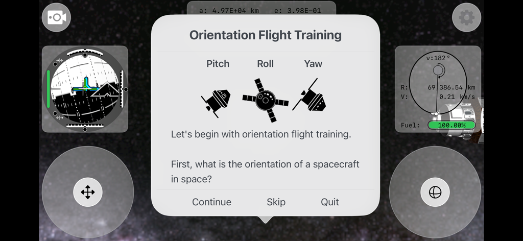 Mission Orion 2 - Pantalla de entrenamiento de vuelo de orientación en Mission Orion 2 mostrando maniobras de cabeceo, alabeo y guiñada de la nave espacial