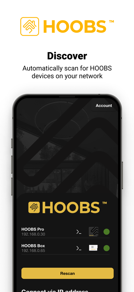 HOOBS app screen showing automatic network scanning for smart home bridge devices like HOOBS Pro and HOOBS Box.