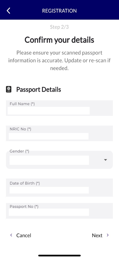 Schermata di registrazione dell'app MyBorderPass per la conferma dei dettagli del passaporto